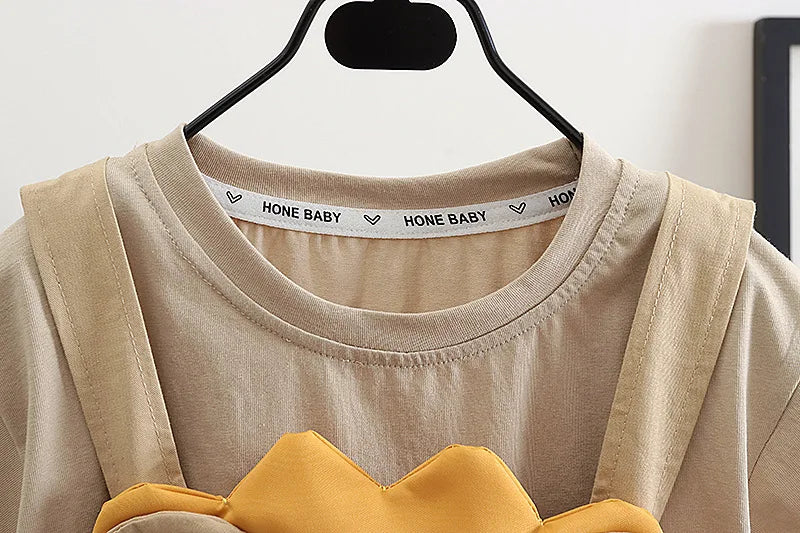 New Toddler Summer Baby Boys/Girls Clothes Children Solid T-Shirt+Cartoon Lion Bib Pants 2Pcs/Set Infant Kids Fashion Tracksuits