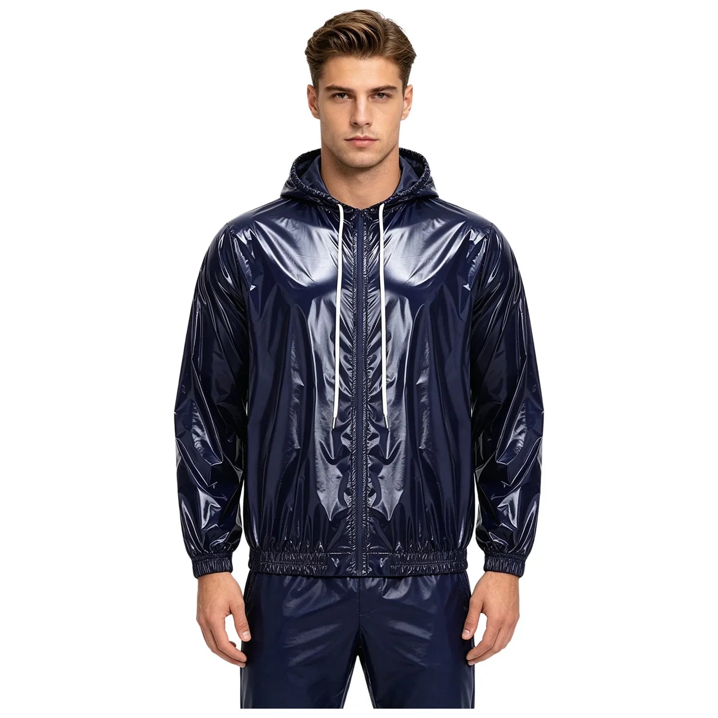 Mens Waterproof Hooded Raincoat Long Sleeve Front Zipper Rain Jacket Windbreaker with Drawstring Hood for Hiking Fishing Biking
