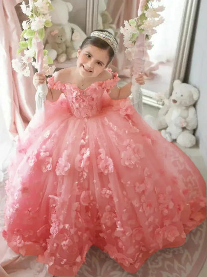 Pink 3d Applique Flower Girl Dress For Wedding Off Shoulder Luxurious Pearls Tulle Child First Eucharistic Birthday Party Dress