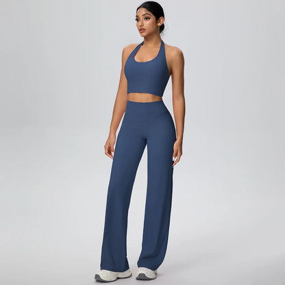 2PCS Woman Backless Hanging Neck Bra and Pants Yoga Set Summer Breathable Gym Sports Running Workout Top Hot Sales Yoga Set