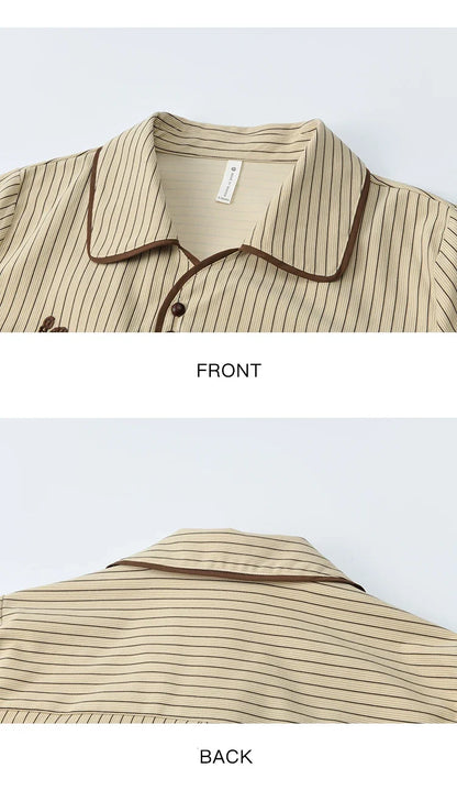 Khaki Brushed Striped Shirt 2025 Autumn Vintage Lace Embroidered Long Sleeved Shirts Asymmetric Placket Top MXE45C2402