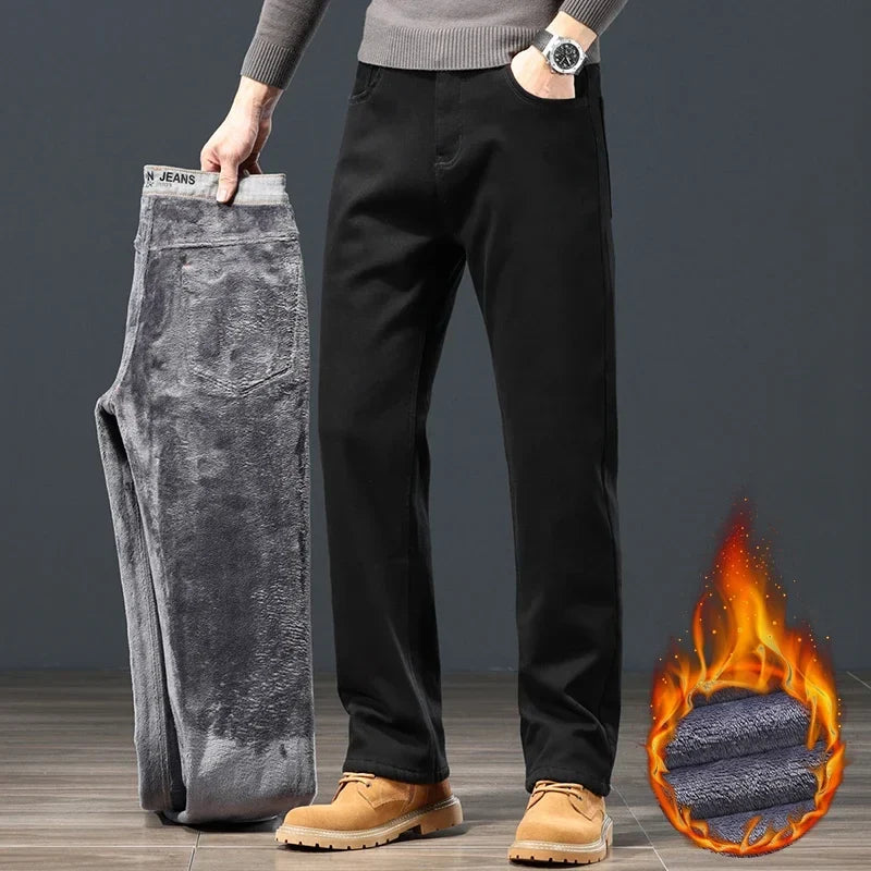 Winter Men's Fleece Warm Jeans Classic Black Plush Loose Straight Business Casual Pants Thermal Male Clothing 40 42 44