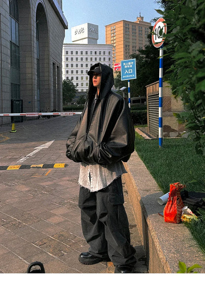 Spring Autumn Short Oversized Black Soft Pu Leather Jacket Men with Hood Zipper Loose Casual Korean Fashion Clothes