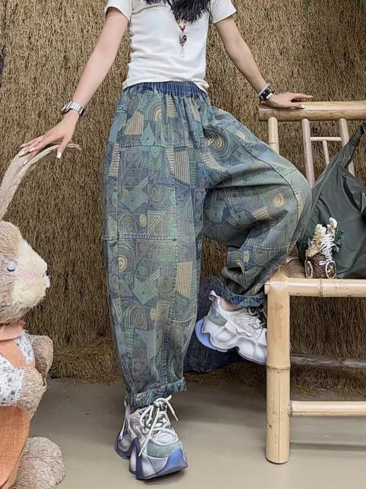 Printed Spring Patchwork Womens 2025 Harem Trousers Vintage Females Fashion Loose Leisure Denim Pants Classic Jeans