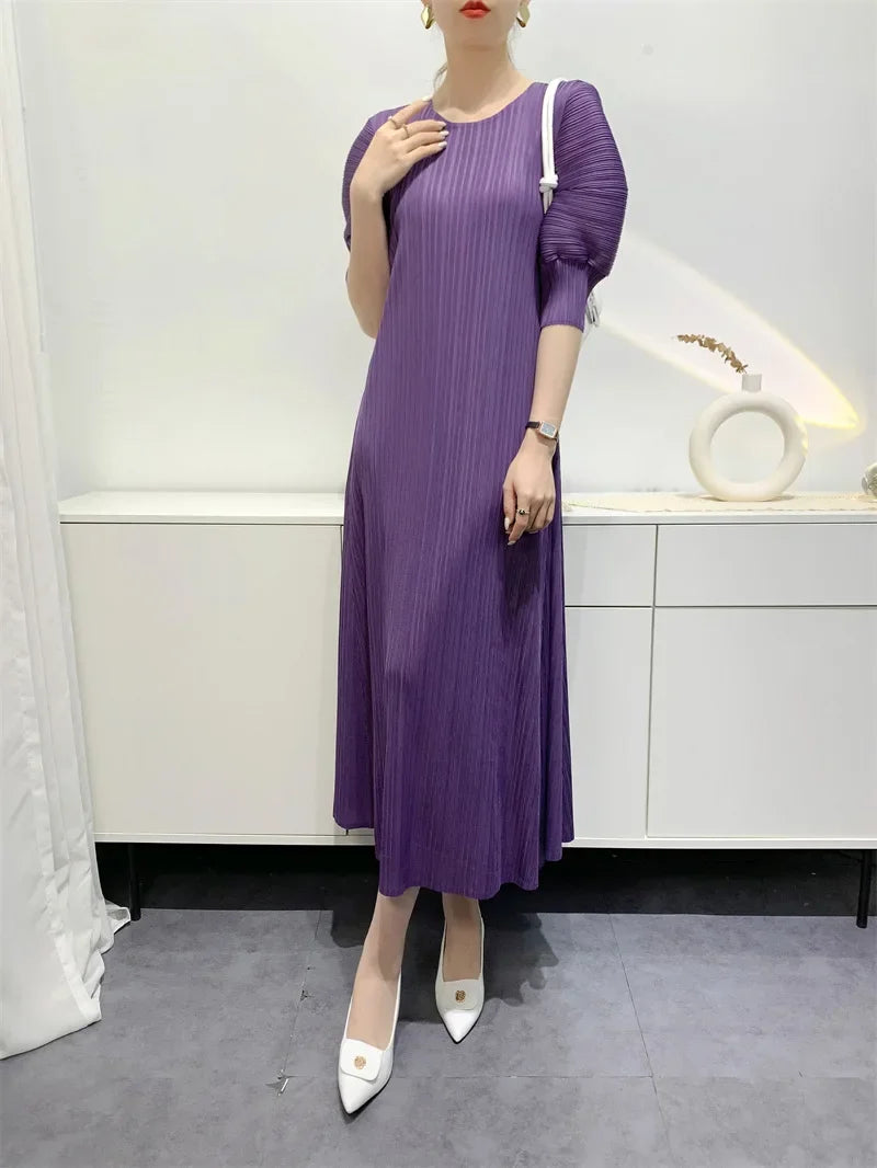Miyake Pleated Dress 2024 Summer New Round Neck Loose and Comfortable A-line Short Sleeve Maix Dress