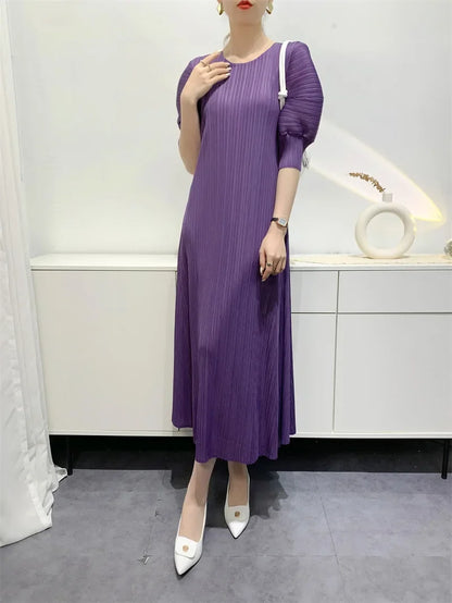 Miyake Pleated Dress 2024 Summer New Round Neck Loose and Comfortable A-line Short Sleeve Maix Dress