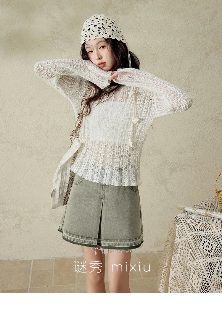 Women 's Apricot White Hollow Knitted Sweater Spring 2025 Mohair Cover Drop Sleeve Top Strapless Slim Tube Top MXE12Z1120