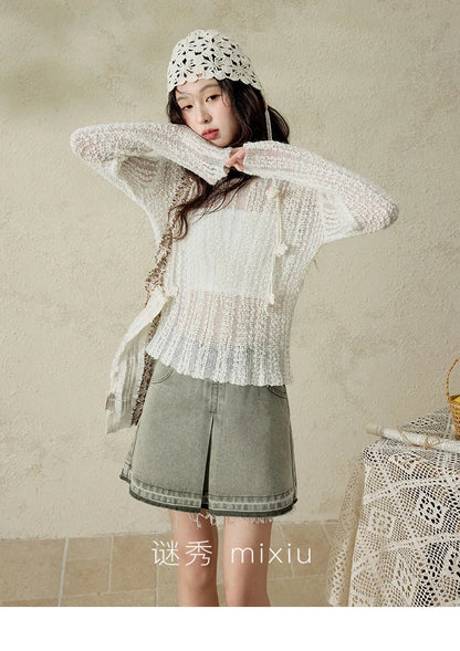 Women 's Apricot White Hollow Knitted Sweater Spring 2025 Mohair Cover Drop Sleeve Top Strapless Slim Tube Top MXE12Z1120
