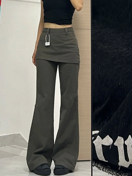 Fake Two-Piece Plus size Wide Leg Jeans for Women 2025 New Y2k Fashion Streetwear High Waisted Flare Denim Pants