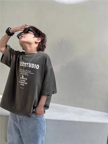 2026 New Boys' Summer 100% Cotton Streetwear Short Sleeve T Shirt Casual Half Sleeve Clothing