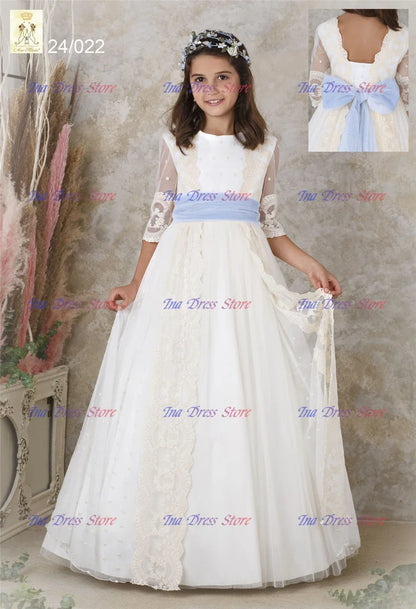 Elegant Long-sleeved Tulle Lace Printing Flower Girl Dress Princess Ball First Communion Dresses Kids Surprise Birthday Present