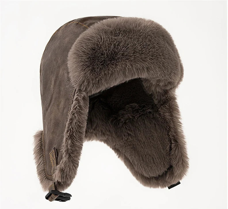 Men Winter Bomber Hat Outdoor Motorcycle Windproof Thicken Warm Faux Fur Pilot Earflap Hat Leather Thermal Ushanka
