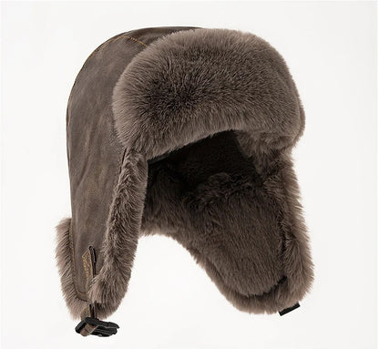 Men Winter Bomber Hat Outdoor Motorcycle Windproof Thicken Warm Faux Fur Pilot Earflap Hat Leather Thermal Ushanka