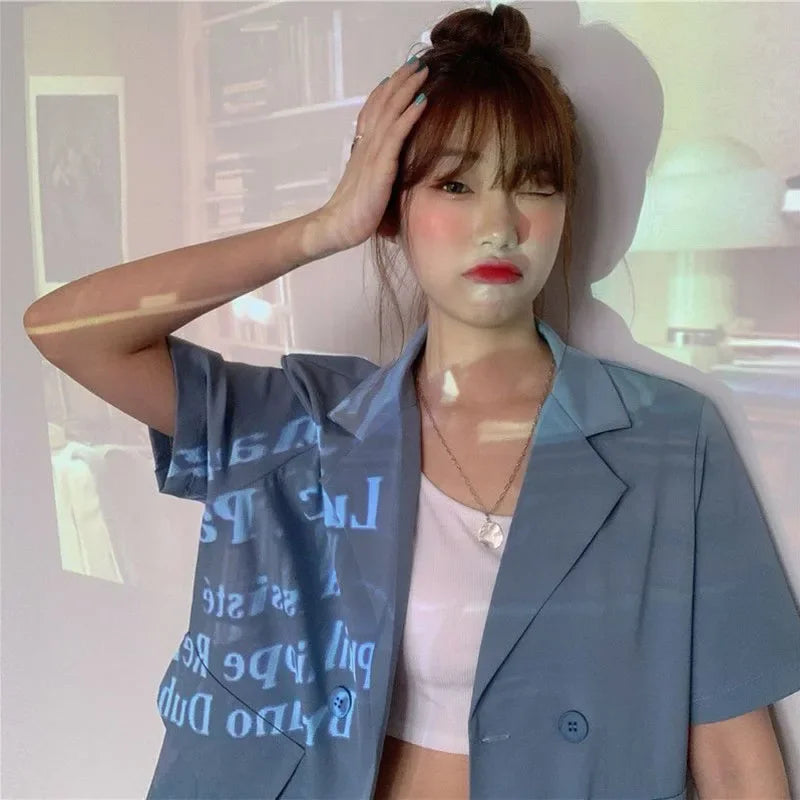 2025 Women's Summer Short-sleeved Jacket Casual All-match Loose Double-breasted Blazers Coat Woman Korean Chic White Blazer