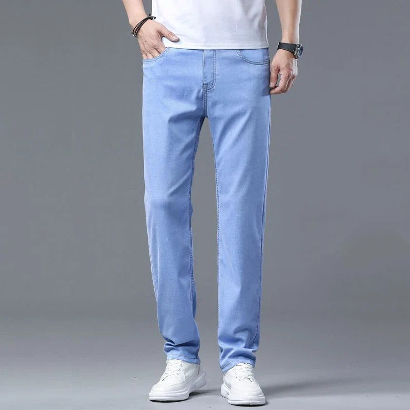 2025 Summer New Men's Sky Blue Slim Stretch Jeans Lyocell Thin Style Fashion Casual Ice Silk Denim Pants Male Brand Trousers