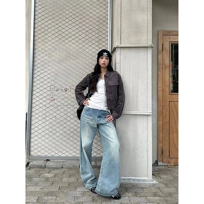 YIBASHU Women Baggy Jean American Retro Denim Blue Pants Y2k Design High Street Wide Fit Cowboy Japanese Harajuku Long Trousers