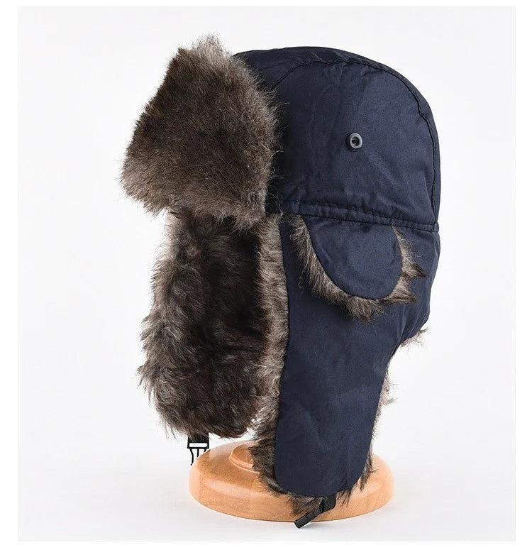 Men's Warm Soldier Hat Winter Pilot Patrolman Earmuffs Polyester Fiber Warm Russian Ski Hat Windproof Cold Pilot Hats