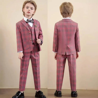 Children Red Jacket Vest Pants 3PCS Photograph Suit Boys Wedding Dress Prince Kids Tuxedo Set Teenager Birthday Party Costume