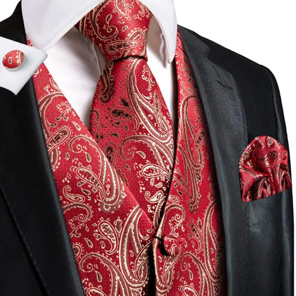 Navy Blue Mens Silk Vests Business Paisley V-Necl Waistcoat Tie Hanky Cufflinks Brooch Set for Men Suit Wedding Formal Hi-Tie