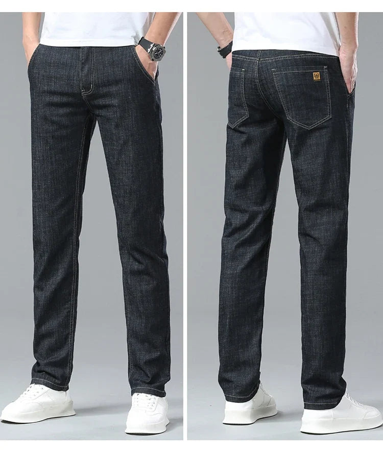 Men's Ice Silk Jeans Summer New Lyocell Thin Business Casual Denim Pants Classic All Match Slim Fit Straight Elastic Jean Male