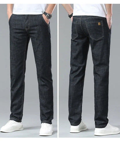 Men's Ice Silk Jeans Summer New Lyocell Thin Business Casual Denim Pants Classic All Match Slim Fit Straight Elastic Jean Male