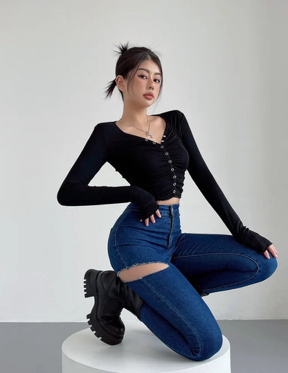 American Spicy Girls Sexy Hole Jeans Slim High Waist Elastic Feet Pencil Pants Trousers Fashion Women BOF8