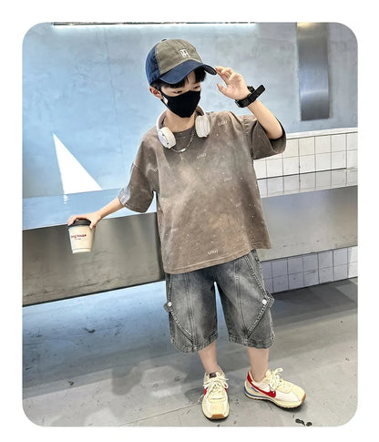 Luxury Children Fashion Summer Set for Boy Cotton Outfit Suit T-shirt Shorts Clothing Kids Street Top And Bottom 2 Pieces Suit