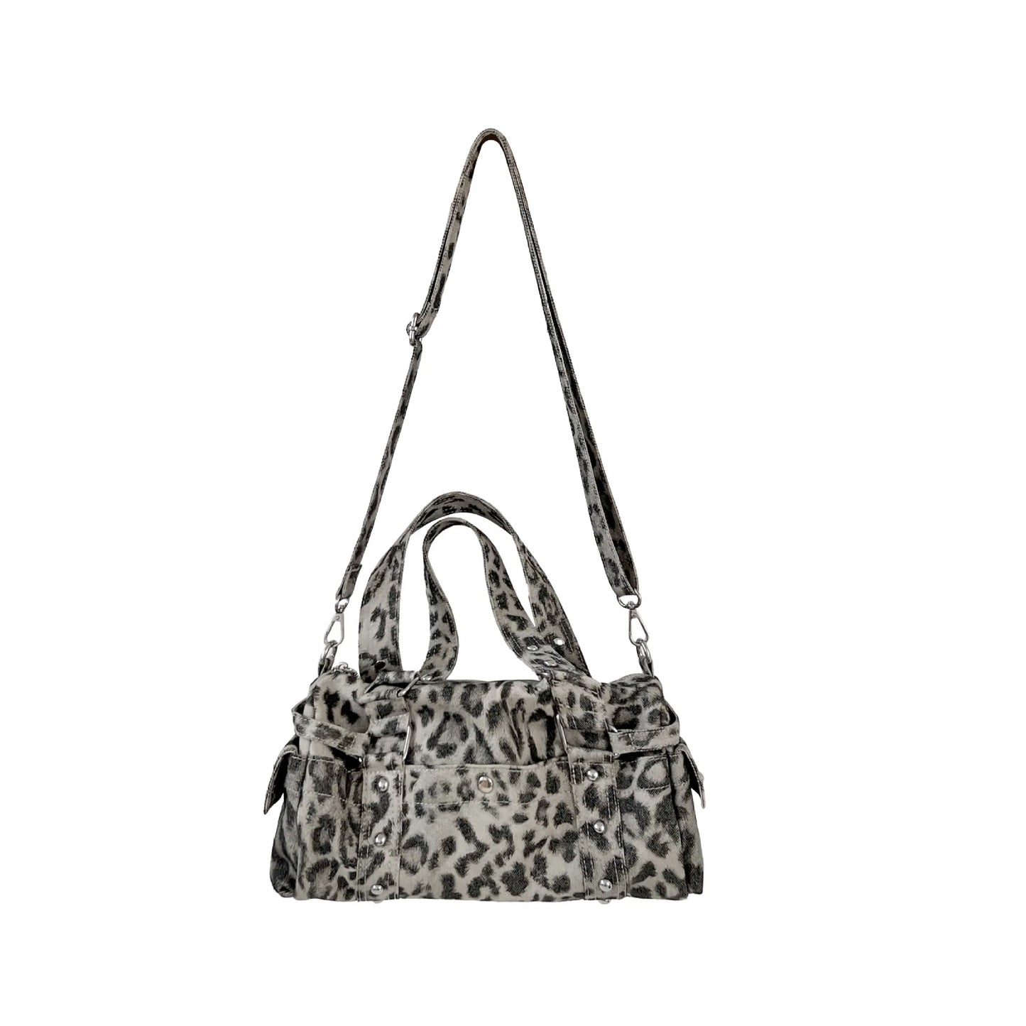 Vintage Leopard Rivet Motorcycle Handbag Barrel Shaped Boston Casual Messenger Bags for Female Shoulder Bag Fashion Ladies Totes