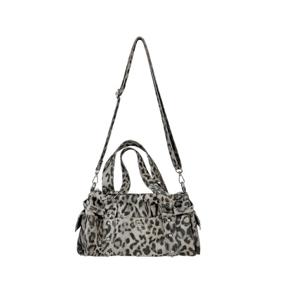 Vintage Leopard Rivet Motorcycle Handbag Barrel Shaped Boston Casual Messenger Bags for Female Shoulder Bag Fashion Ladies Totes