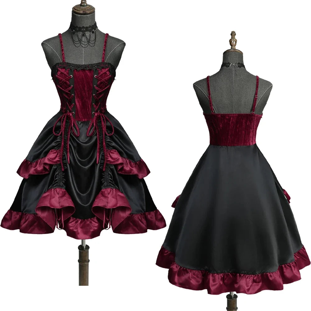 Gothic Lace Up Cinched Ruffles Layered Dress 2026 Women Summer New Deep Red Club,Cocktail & Party A Line Dresses Vestidos