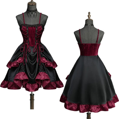 Gothic Lace Up Cinched Ruffles Layered Dress 2026 Women Summer New Deep Red Club,Cocktail & Party A Line Dresses Vestidos