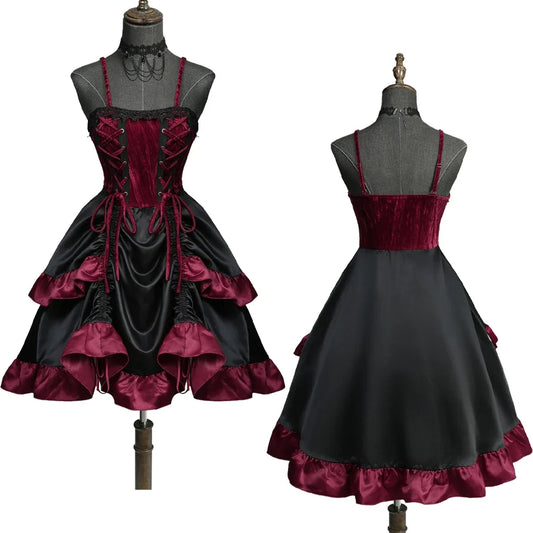 Gothic Lace Up Cinched Ruffles Layered Dress 2026 Women Summer New Deep Red Club,Cocktail & Party A Line Dresses Vestidos