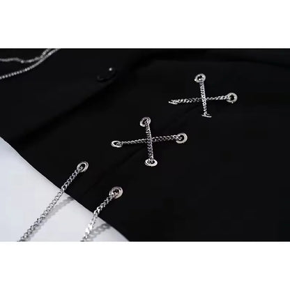 Women Punk Gothic Cropped Blazer with Metal Chain Tops Autumn Chic Patchwork Suit Office Lady Commute Short Jackt Streetwear