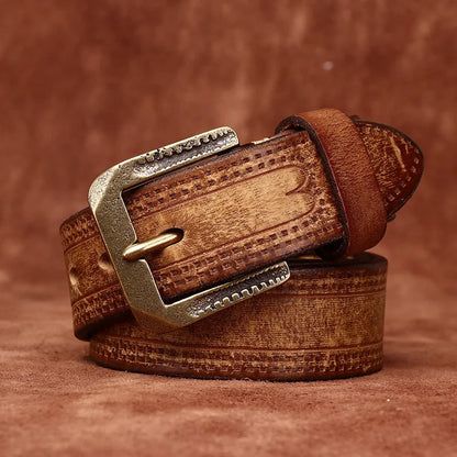 3.8CM Pure Cowhide High Quality Genuine Leather Belts for Men Brand Strap Male Brass Retro Buckle Jeans Cowboy Cintos Luxury