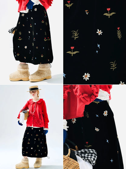 Embroidered Floral Midi Skirt, Vintage Velvet, Daily Outing, Mori - style Healing Vibe 255288