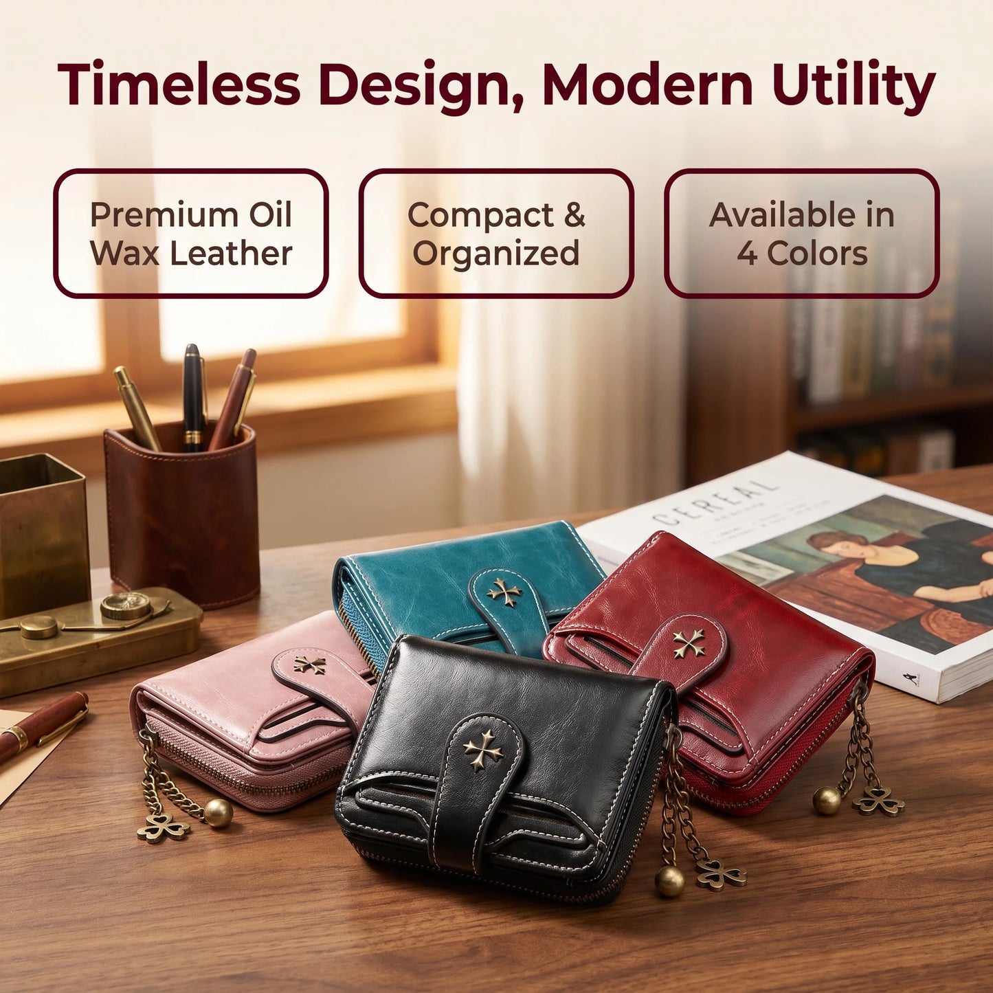 Blocking Oil Wax Leather Women Mini Wallet Multi Card Clover Zipper Coin Purse Portable Ladies Purse Office Travel Daily
