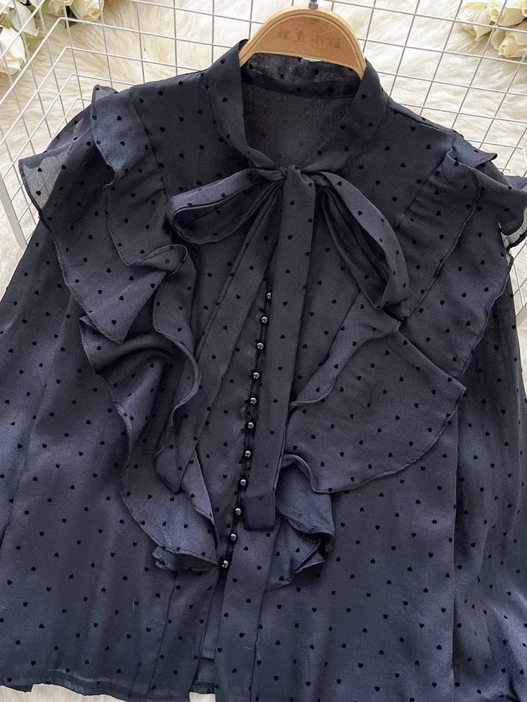 French Sweet Long Sleeved Blouse Women's Clothing Spring Autumn Bow Ruffle Edge Polka Dot Printed Chiffon Shirt Top C42