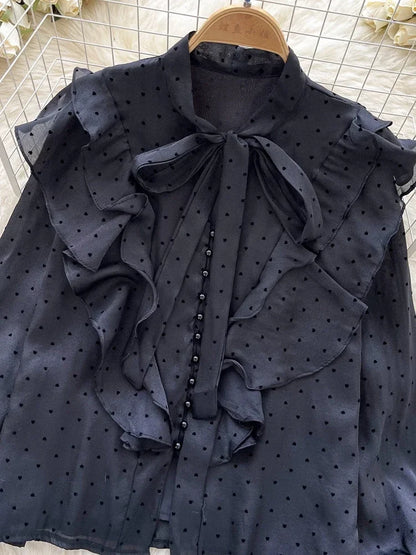 French Sweet Long Sleeved Blouse Women's Clothing Spring Autumn Bow Ruffle Edge Polka Dot Printed Chiffon Shirt Top C42