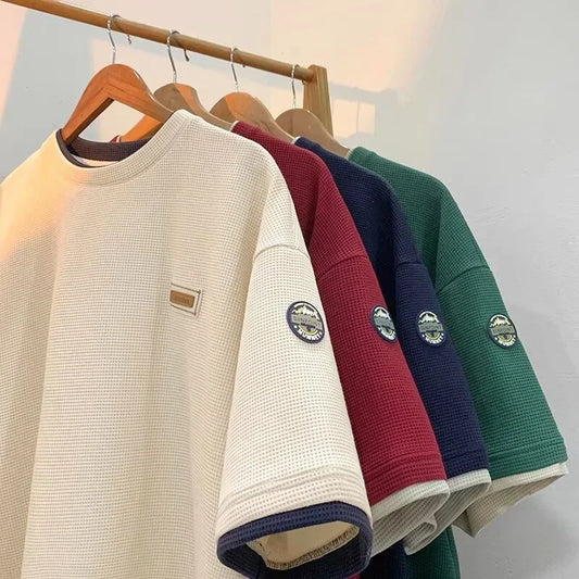 Summer Waffle Short Sleeve T Shirt For Men Vintage Appliques Loose T-shirts Couple Y2K Streetwear Clothes Fake Two-piece Tees