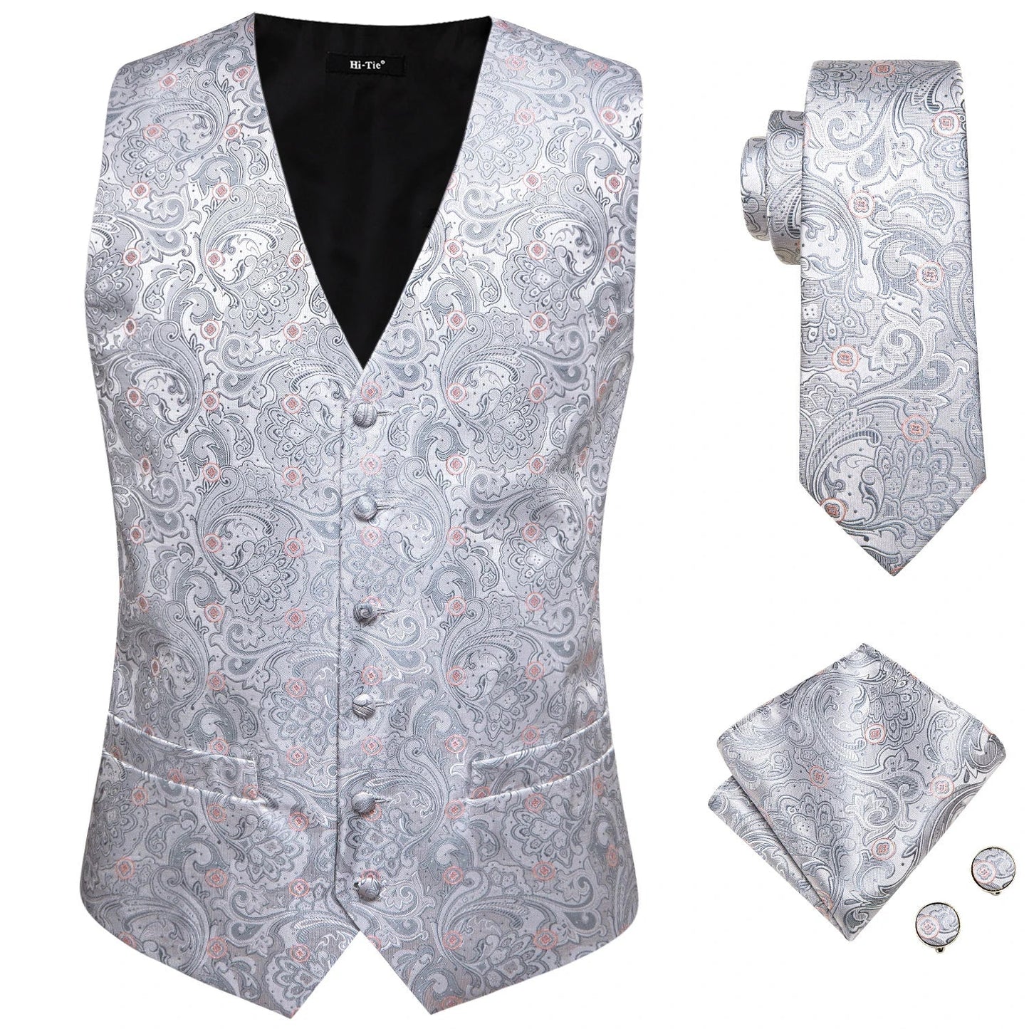 Designer Beige Champagne Ivory Khaki Mens Vest Necktie Set Jacquard Waistcoat Jacket Tie Hankerchief Cufflinks for Men Gift
