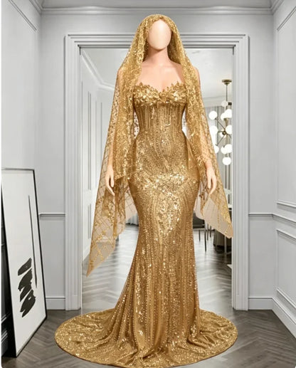Red Rhinestone Matching Cape Veil Women Mermaid Prom Dress Formal Wedding Eveing Party Gown Customized