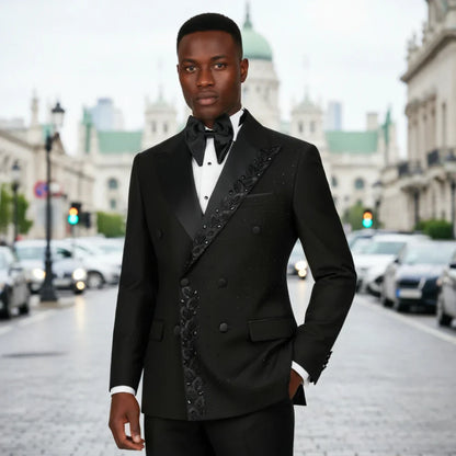 Beaded Men Suits Textured Black Embroidery Double Breasted Formal Slim Fit Groom Tuxedo Wedding Prom Dinner Party Blazer Pants