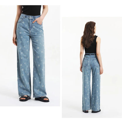 All Over Print Denim Pants Women Sweet Niche 2025 Summer New Cotton Wide Leg Trousers