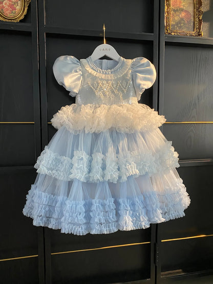Sweet Little Girls Spring and Summer New Heavy Princess Gown Childrens Puff Sleeve Pearl Sequined Mesh Birthday Party Cake Dress