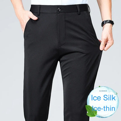 Men's Summer Dresses Long Pants Slim Fit Business Pants Lightweight Ice Silk Office Pants, Wrinkle Resistant and Elastic