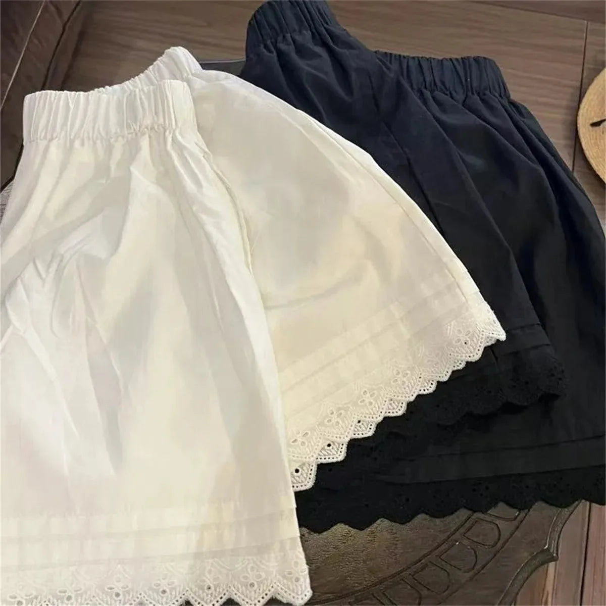 White Lace Trim Patchwork Casual Shorts for Women's High Waisted Wide Leg Vacation Beach Pants Loose Thin Bottoms Home Shorts