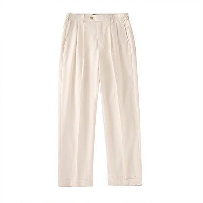 2026 Cotton-Linen Men's Casual Trousers | Old Money Beige Slim Straight Pants with Elastic Waist & 9/10 Cuff