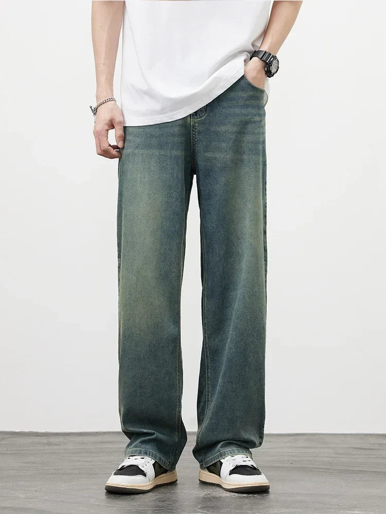 2025Spring Autumn New Men Straight Vintage Fit Jeans Casual Trousers High Quality Male Korean Fashion Baggy Wide Leg Denim Pants