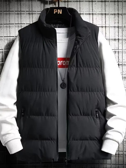 Men's down Vest Thickened Casual Style Stand Collar Jacket Autumn Winter New Fashion Youth Active Fit Zipper Pocket Daily Wear