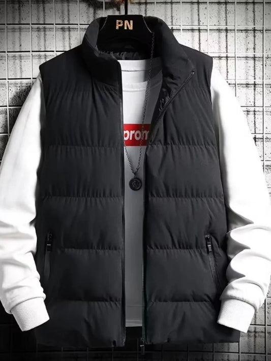 Men's down Vest Thickened Casual Style Stand Collar Jacket Autumn Winter New Fashion Youth Active Fit Zipper Pocket Daily Wear
